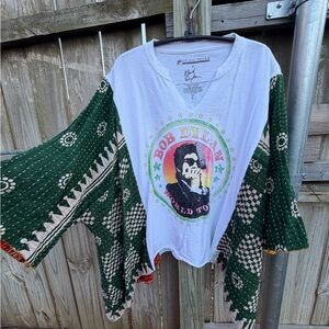 Upcycled Bob Dylan ‘66 World Tour Graphic Tee w/ Green Quilted Patterned Sleeves